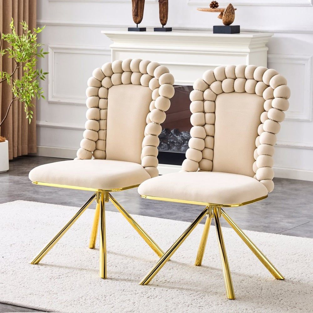 English Elm Set of 2 Sculptural Bubble Back Velvet Dining Chairs with Electroplated Metal Legs Beige,Gold W1512P491562
