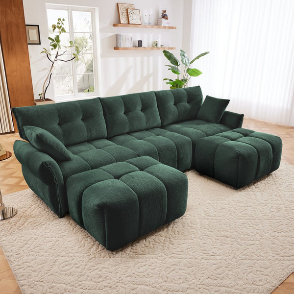 English Elm 3 Seater Sofa Set With Ottoman And Throw Pillows – Tufted Chenille Comfort, Solid Wood Frame, Durable Elegance Green W714S01162