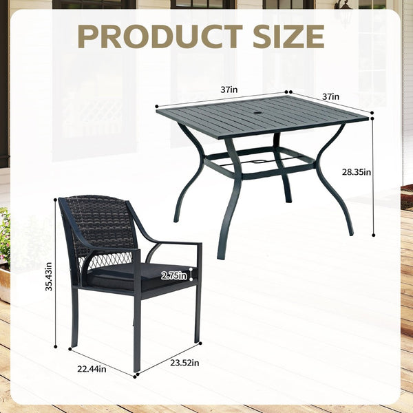 English Elm 5-piece Outdoor Dining Set Square Steel Table Pe Rattan Chairs with Cushions Patio T5880S00023