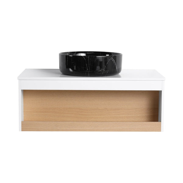 English Elm 36" Floating Bathroom Vanity Light Oak Modular Cabinet with Gel Coat Integrated Sink White + Light Oak,White+Black W3450S00065