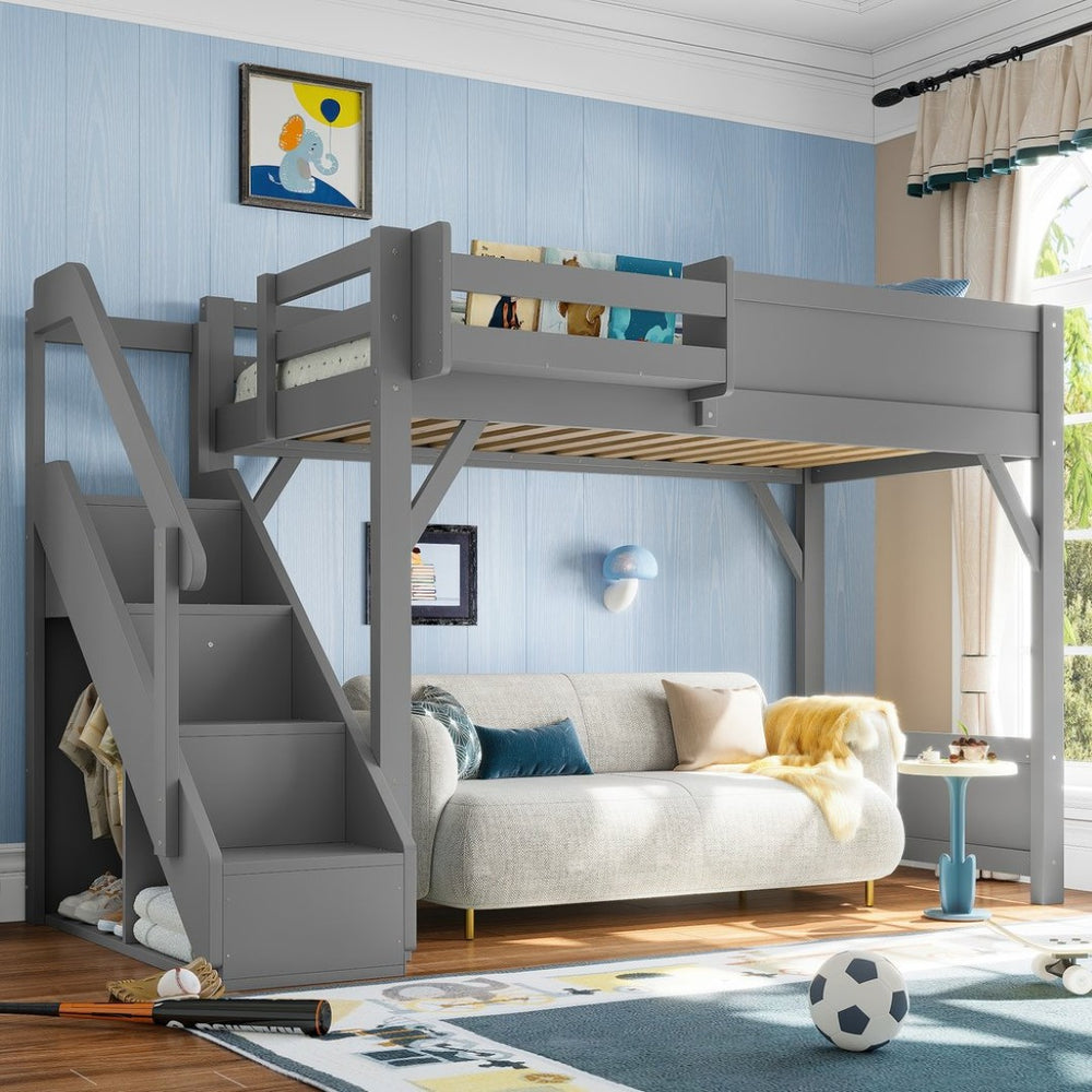 English Elm Twin Low Loft Bed Solid Pine Frame Kids Study Desk Blackboard Storage White Gray W1580S00467