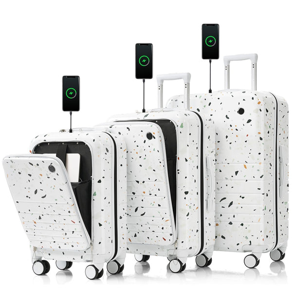 English Elm Luggage Hard Shell 3 Piece Set with Usb Port Spinner Wheels and Front Access Panel Ivory N726P197969W