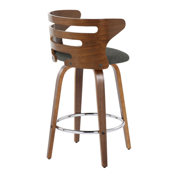 English Elm Cosini Mid-Century Modern 26" Fixed-Height Swivel Barstool Set of 2 — Walnut Wood, Padded Fabric Seat, Chrome Footrest Charcoal B202S00201