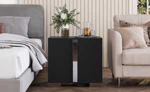 English Elm Modern Two Drawer Nightstand with Slim Metal Legs and Mirrored Bar Handles for Bedroom Black W5271P416540