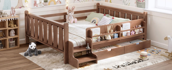 English Elm Queen Bunk Bed with Trundle Solid Pine Kids Car Themed Frame Built-in Bookshelf Natural W1580S00543