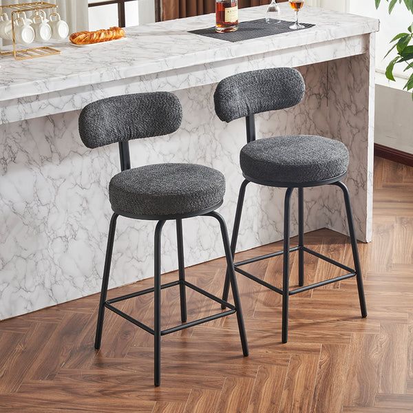 English Elm Modern Bouclé Swivel Bar Stools Set of 2 — Counter Height Fabric Seats with Metal Frame & Footrest, 360° Comfort Grey W1901P264273