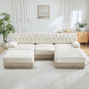 English Elm U Shaped Modular Sectional Sofa Chesterfield Tufted Velvet with Tassel Fringe Skirt Beige W714S01687