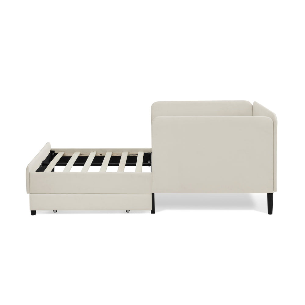 English Elm Twin Velvet Upholstered Platform Bed with 2 Underbed Storage Drawers, Convertible Sofa, Beige Twin W1413P298909