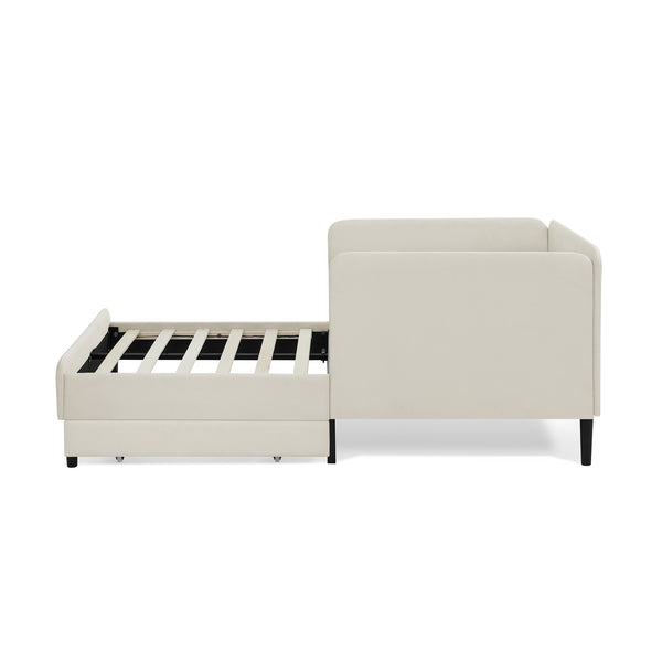 English Elm Twin Velvet Upholstered Platform Bed with 2 Underbed Storage Drawers, Convertible Sofa, Beige Twin W1413P298909