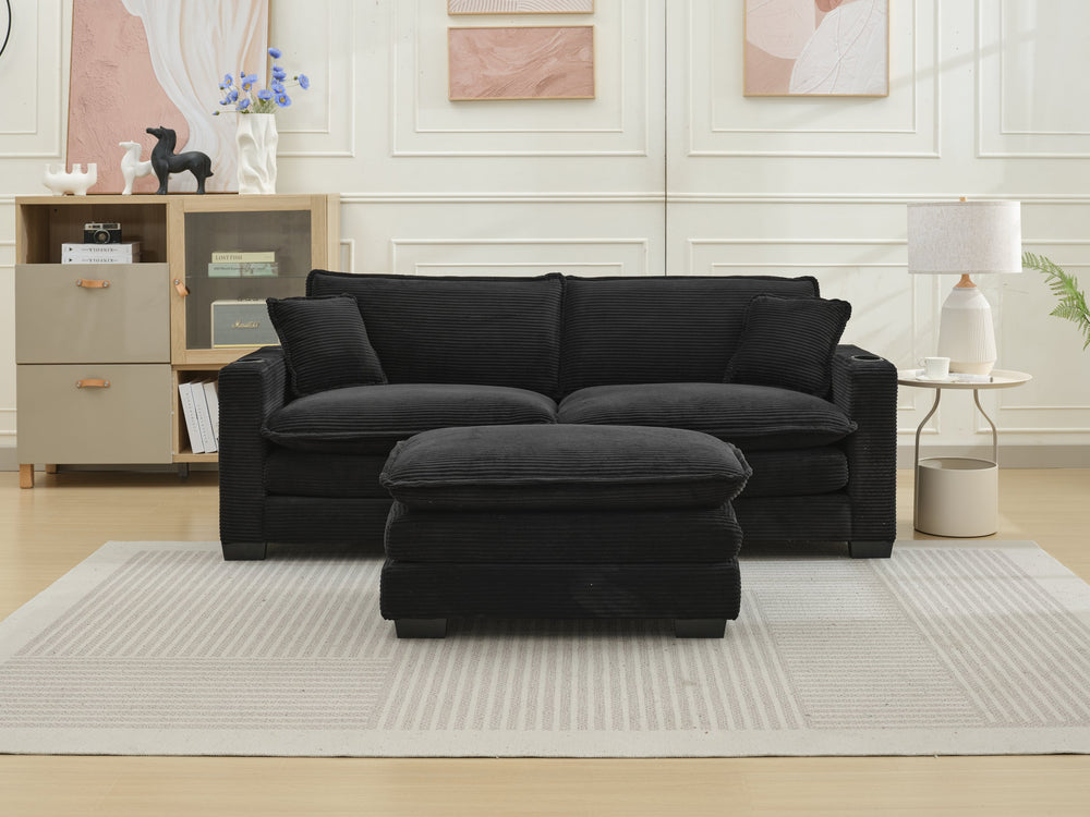 English Elm L Shape Sofa Couch With Usb Charging, Cup Holder, Stylish Corduroy Fabric, Compact 2-Seater With Ottoman W2100S00139