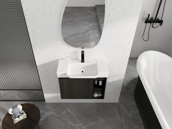 English Elm 28'' Floating Bathroom Vanity with Ceramic Sink Soft Close Door Melamine Cabinet Dark Oak W999P426640