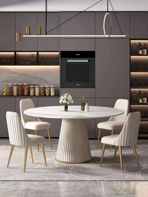 English Elm 53 Inch Modern Sintered Stone Round Dining Table Set With Stainless Steel Base & 4 Stylish Chairs W509S00081