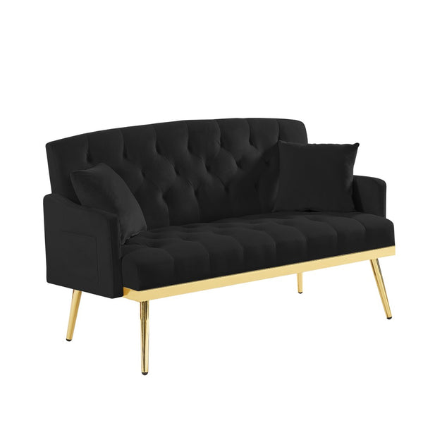 English Elm Black Tufted Velvet Compact Sofa with Glamorous Gold Legs for Stylish Living Spaces W3985P426914