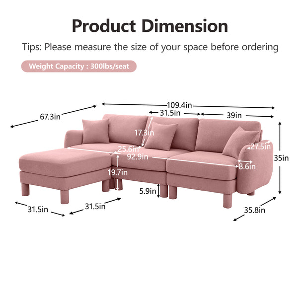 English Elm Boucle Fabric L-Shaped Sectional Sofa With Shell Armrests & Removable Ottoman In Soft Pink Elegance W3041S00293