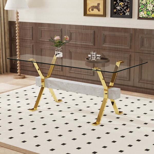 English Elm Modern Tempered Glass Dining Table with 71"x35.4" Clear Top, Gold X-Legs, Gray MDF Crossbar, 4-8 Seats W1512S00150