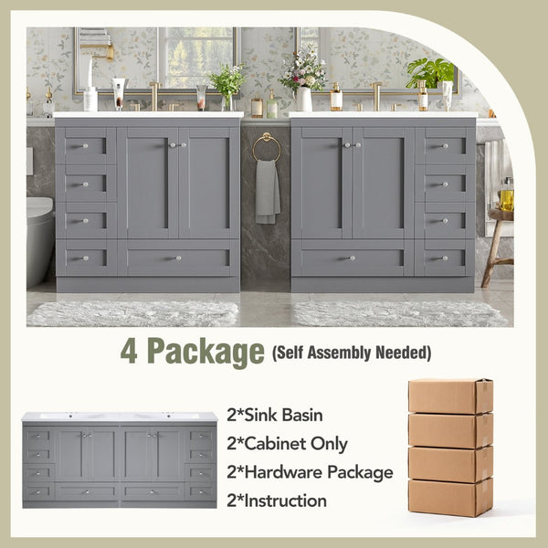 English Elm 72-inch Shaker Double Bathroom Vanity Gray Mdf with Resin Basins and Soft Close Storage N729P000030E