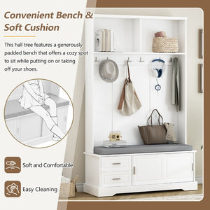 English Elm On-Trend Elegant Hall Tree With Sliding Doors, 6 Hooks, Mudroom Bench & Cushion For Organized Entryway N721P205787K-GIGA