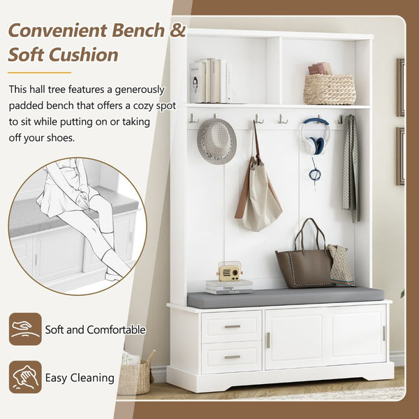English Elm On-Trend Elegant Hall Tree With Sliding Doors, 6 Hooks, Mudroom Bench & Cushion For Organized Entryway N721P205787K-GIGA