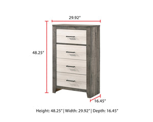 English Elm 1pc Two-Tone 4-Drawer Chest 30"x16.5"x48.3" — Spacious Bedside Storage, Metal Pulls, Gray-Beige Finish B2741P343802