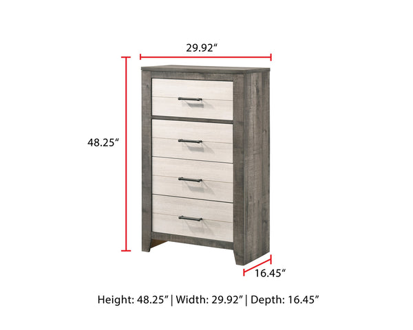 English Elm 1pc Two-Tone 4-Drawer Chest 30"x16.5"x48.3" — Spacious Bedside Storage, Metal Pulls, Gray-Beige Finish B2741P343802