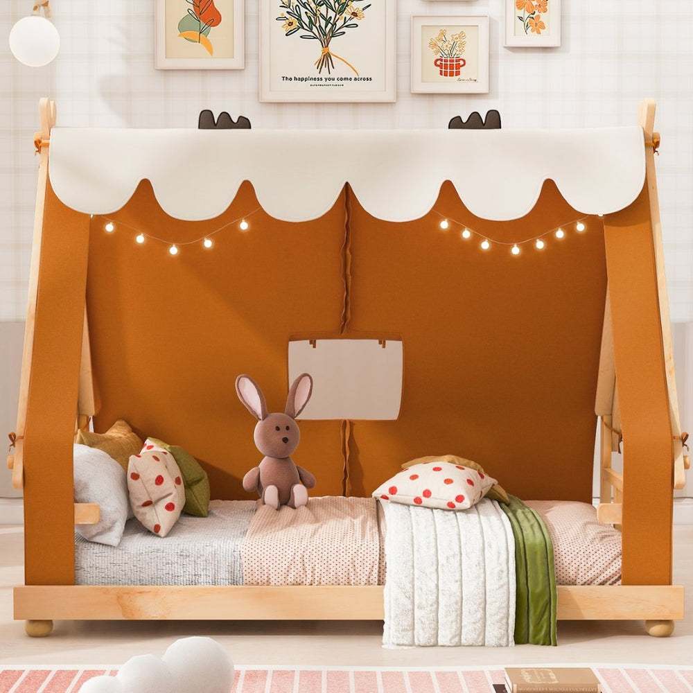 English Elm Twin Cabin Bed with Detachable Tent Skylight and Woodland Deer Antler Accents Brown N708P356716D