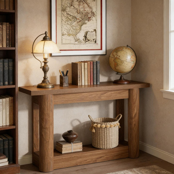 English Elm Practical Geometric Console Table with Matte Black Wood Grain Finish for Entryway or Sofa T3971P453271