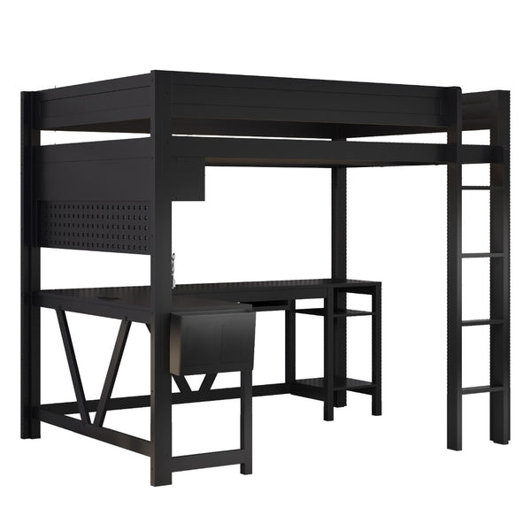 English Elm Wood Full Size Gaming Loft Bed With Integrated Desk, Charging Station & Led Lights - Black Finish N7090004022B-GIGA