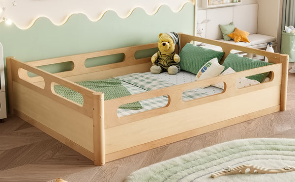 English Elm Twin Low Profile Floor Bed with Guardrails Pine Wood Frame Minimalist Bedroom Natural W1580P438793