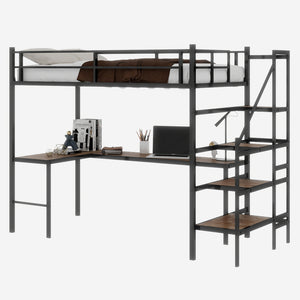English Elm Loft loft bed with L-shaped desk, built-in storage stairs, 360° guardrail, sturdy iron frame for small rooms Black W1935S00003
