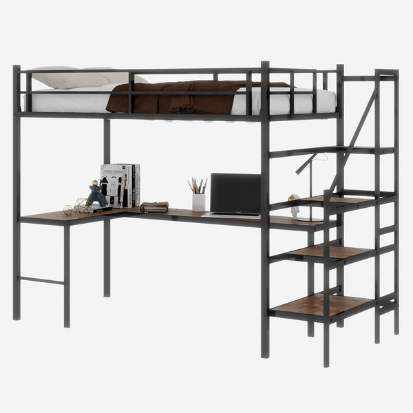 English Elm Loft loft bed with L-shaped desk, built-in storage stairs, 360° guardrail, sturdy iron frame for small rooms Black W1935S00003
