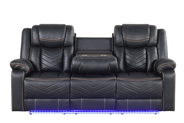 English Elm Challenger modern power reclining sofa with LED ambient lighting, USB ports, cupholders & console Black G150109150