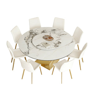 English Elm 59" Round Sintered Stone Table Set Seats Eight with Gold Hourglass Base Lazy Susan W2700S00130