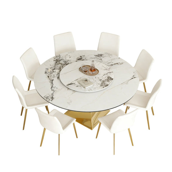 English Elm 59" Round Sintered Stone Table Set Seats Eight with Gold Hourglass Base Lazy Susan W2700S00130
