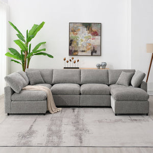 English Elm Modular Cloud Sofa Bed] 130"x65" 6-Seat Chenille Sectional with Ottoman, Convertible U-Shaped Sleeper, Customizable Comfort N723S9583G