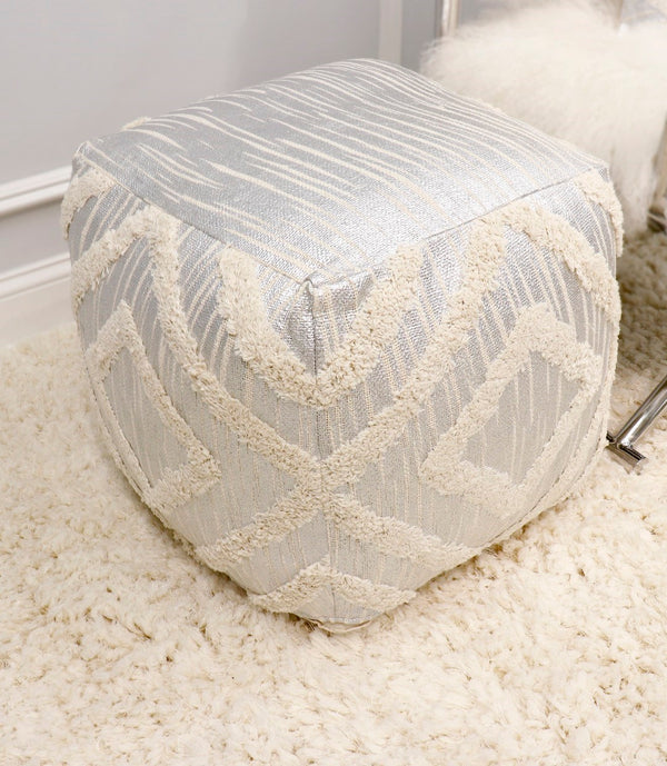 Pasargad Grand Canyon Cotton Shaggy Pouf In Ivory - Stylish, Hand-tufted Glamour For Your Space Ivory 100% Cotton Ppf-064-1sil