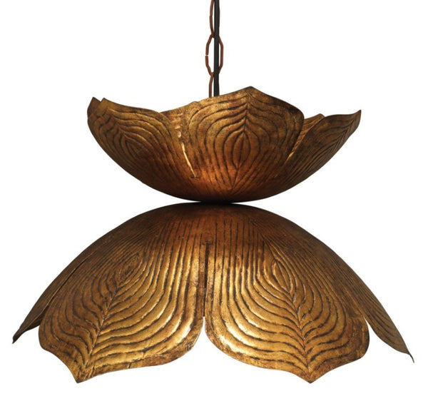 Jamie Young Co. Flowering Lotus Hand Forged Wrought Iron Pendant Light Artisan Antique Gold Finish 5FLOW-LGGO