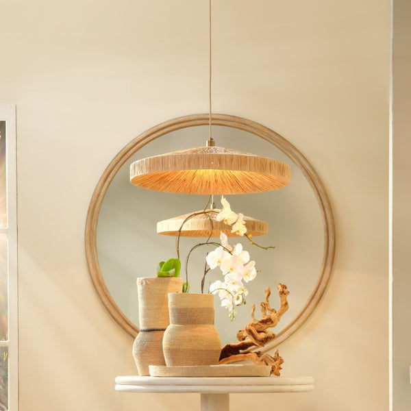 Parasol Large Raffia Wrapped Pendant Light with Brass Hardware for Dining Room or Entryway