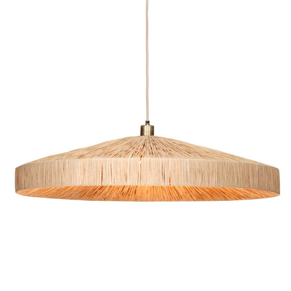 Parasol Large Raffia Wrapped Pendant Light with Brass Hardware for Dining Room or Entryway