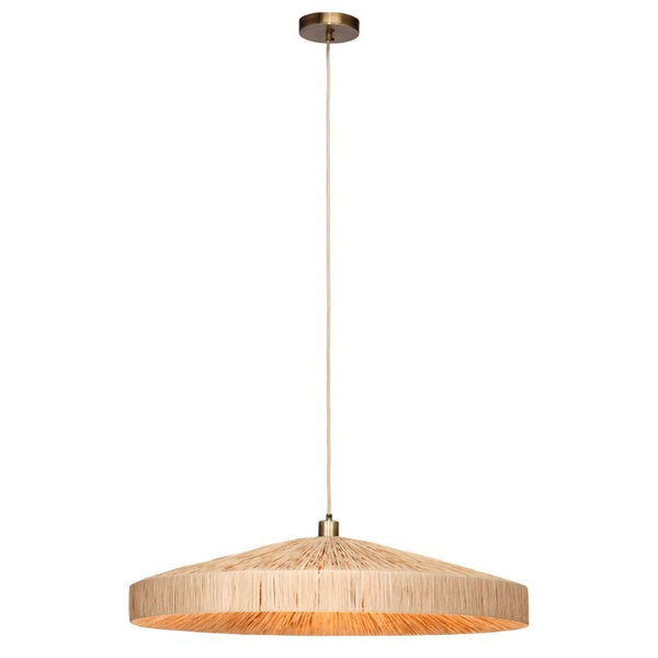 Parasol Large Raffia Wrapped Pendant Light with Brass Hardware for Dining Room or Entryway