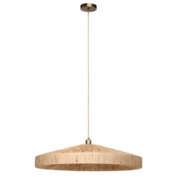 Parasol Large Raffia Wrapped Pendant Light with Brass Hardware for Dining Room or Entryway