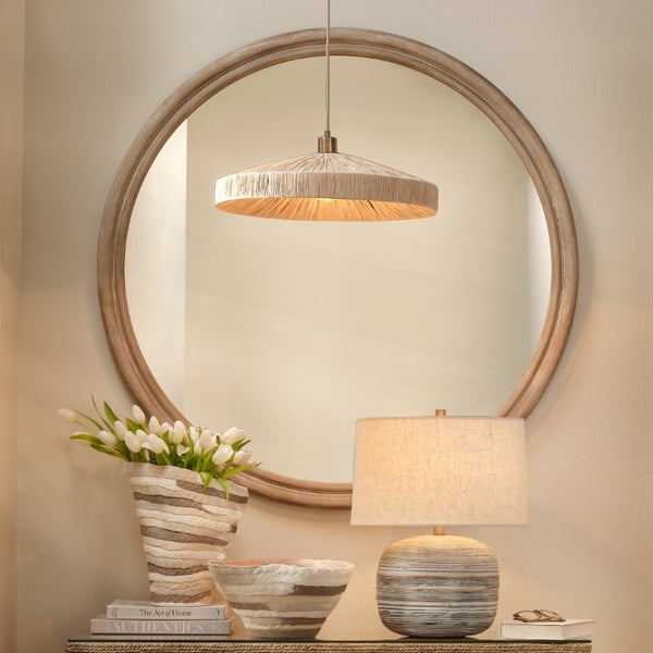 Parasol Raffia Wrapped Pendant Light with Brass Hardware for Dining Room or Entryway Decor