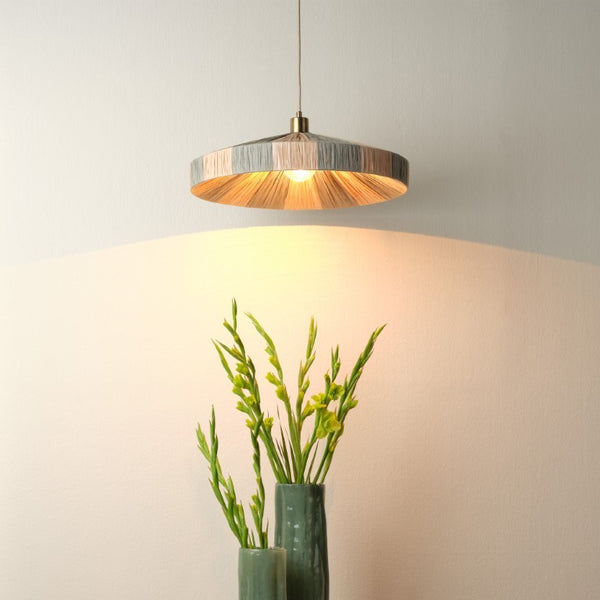 Parasol Raffia Wrapped Pendant Light with Brass Hardware for Dining Room or Entryway Decor