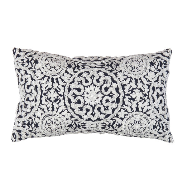 Pasargad Home Naples Luxury Embroidered Pillow – Enhance Your Space With Glamorous Style Navy Cotton & Bamboo Silk Pcc-6614n