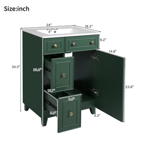 English Elm 24" Forest Green Bathroom Vanity Cabinet with Ceramic Sink, Soft-Close Door, 2 Drawers, Open-Back Access for Easy Plumbing and Durable Solid-Wood Frame N729P264336G