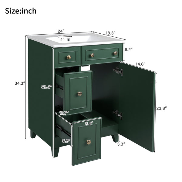 English Elm 24" Forest Green Bathroom Vanity Cabinet with Ceramic Sink, Soft-Close Door, 2 Drawers, Open-Back Access for Easy Plumbing and Durable Solid-Wood Frame N729P264336G
