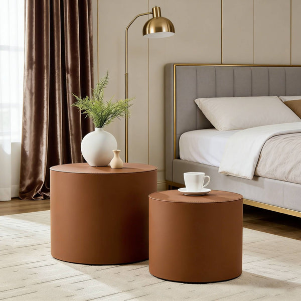 English Elm Modern Saddle Leather Mdf Side Table Compact Accent for Living Room or Office Brown W2085P399097