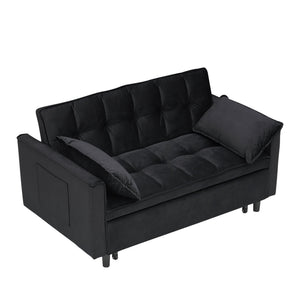 English Elm Modern Velvet Sofa Pull-Out Bed 3-in-1 Convertible Love Seat with Pillows, Spacious 500lb Support Black W3371P315001