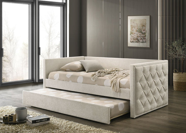 English Elm Transitional Twin Daybed with Diamond Tufted Back and Wood Trim, Versatile Seating & Sleeping Solution Beige 44 L x 39 W x 9 H B2741S00664