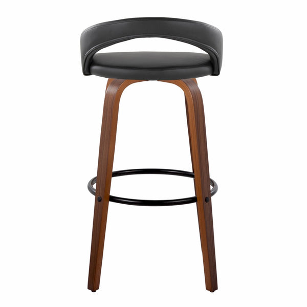 English Elm Fixed-height Swivel Barstools Walnut Bentwood Legs Black Pu Seat Metal Footrest Set B202S01856