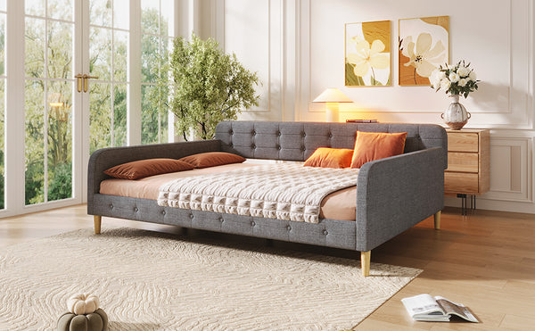 English Elm Queen Upholstered Daybed with Tufted High Sideboard, Linen Finish, Solid Wood Frame, 800lb Capacity Gray N7500001850E